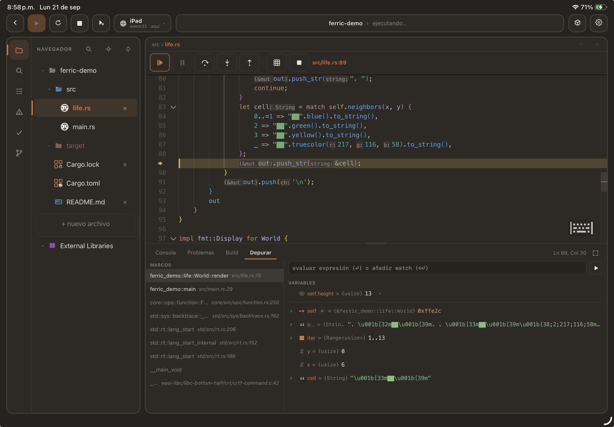 The debugger. Spanish UI, English capture to follow.